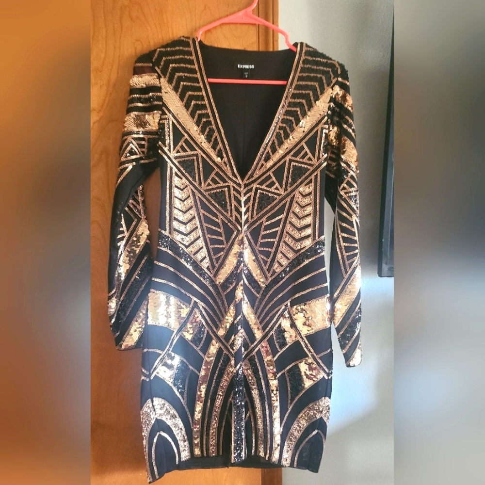 Express Sparkle Gold and Black Dress
